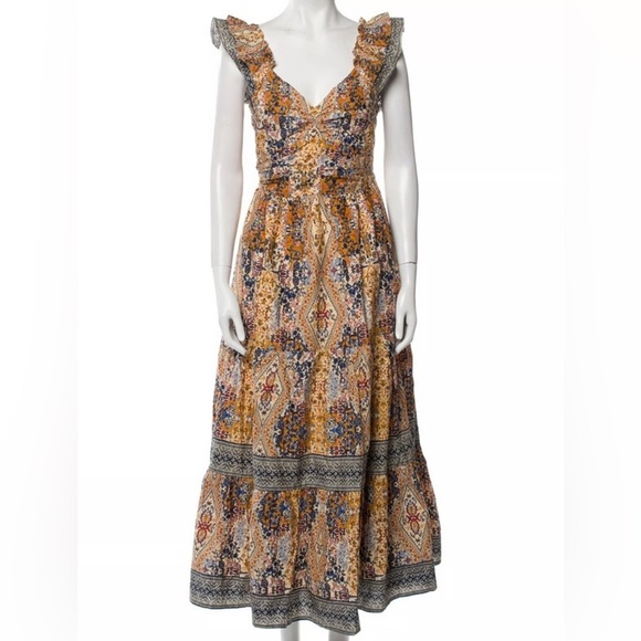NWT Caroline Constas Tiered Smocked Cotton Diamond Floral Boho Maxi Dress M - Picture 1 of 7